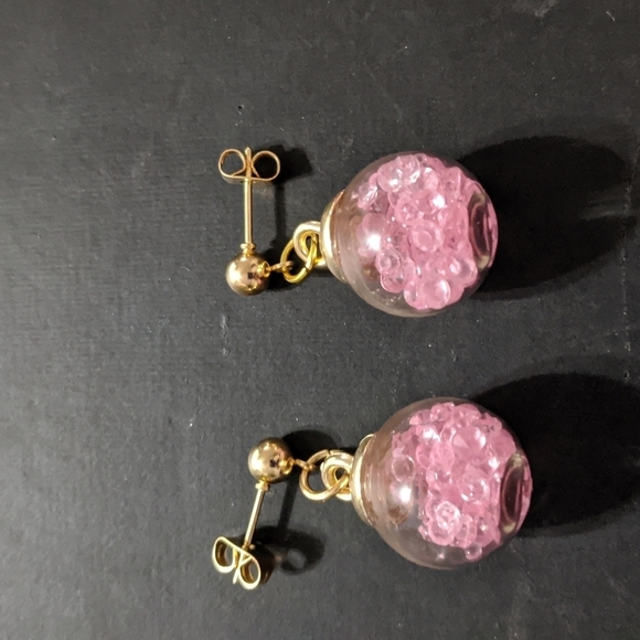Gold Tone Pink Crystal Filled Balls Dangle Drop Statement Earrings - Picture 1 of 3